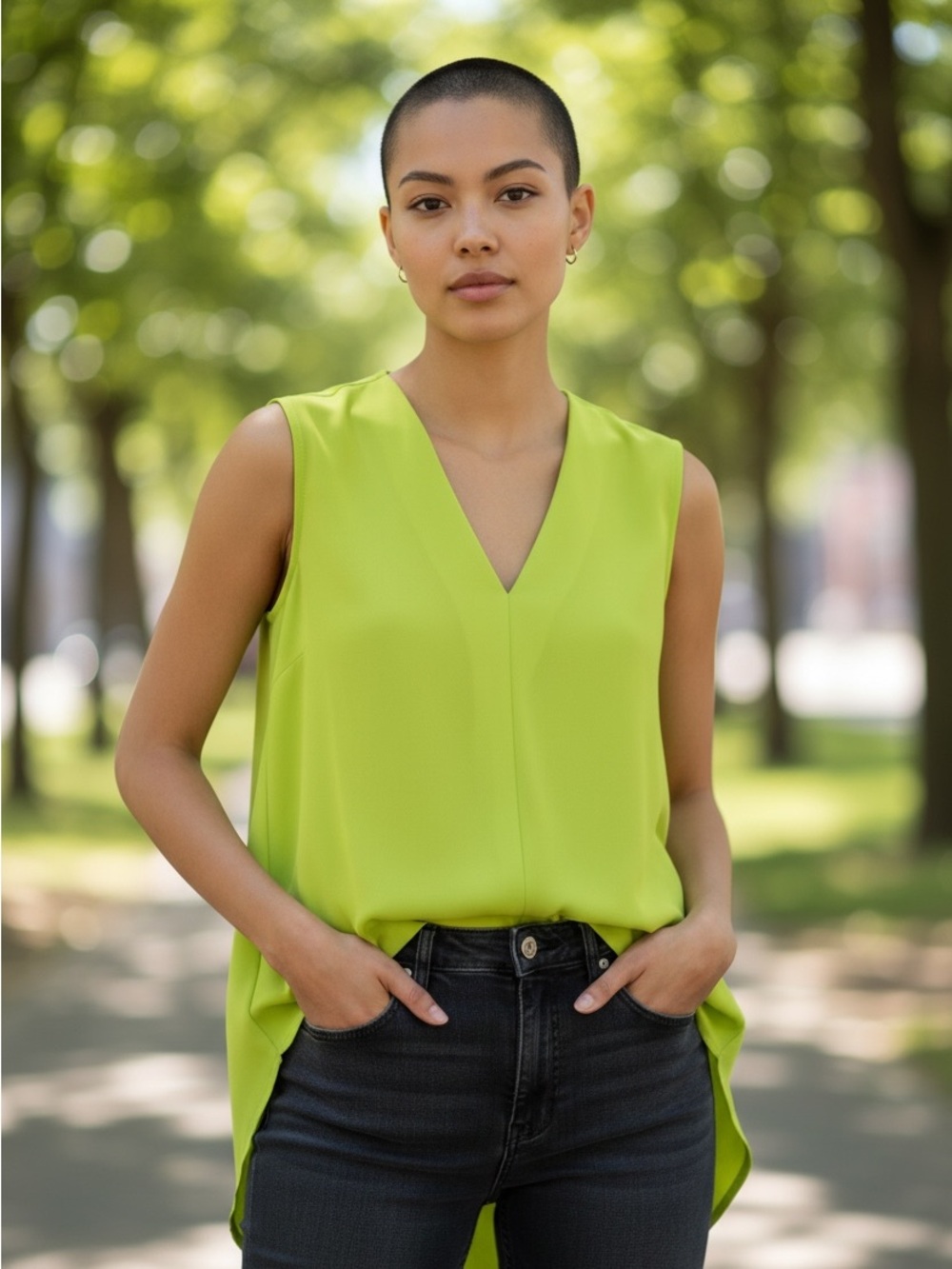Vibrant V-Neck Sleeveless Blouse in Neon Yellow XXL Statement